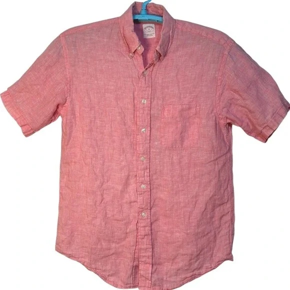 Brooks Brothers 346 Shirt Pink Linen Short Sleeve Vacation Resort wear M - Picture 1 of 4